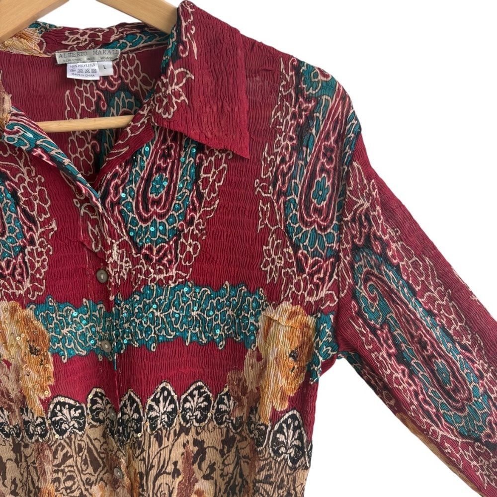 Y2K Alberto Makali Blouse Floral Paisley Crinkle Top Flowing Sequin Detail Sz L - Picture 4 of 7